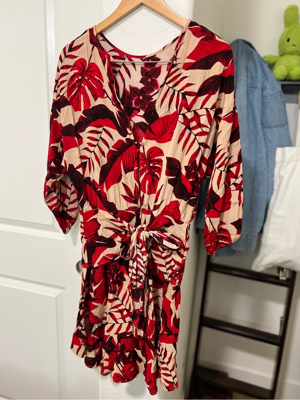 H&M X Johanna Ortiz Red Tropical Leaf Print Mini Dress - Picture 6 of 12